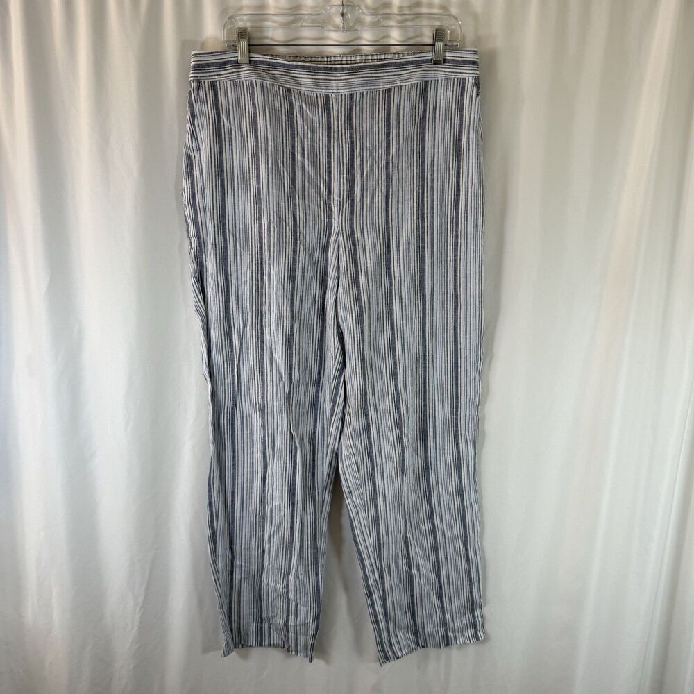 Chico's Linen Blend Pants Women's 1.5 10 Blue Striped Pockets Pull On Elastic Wa